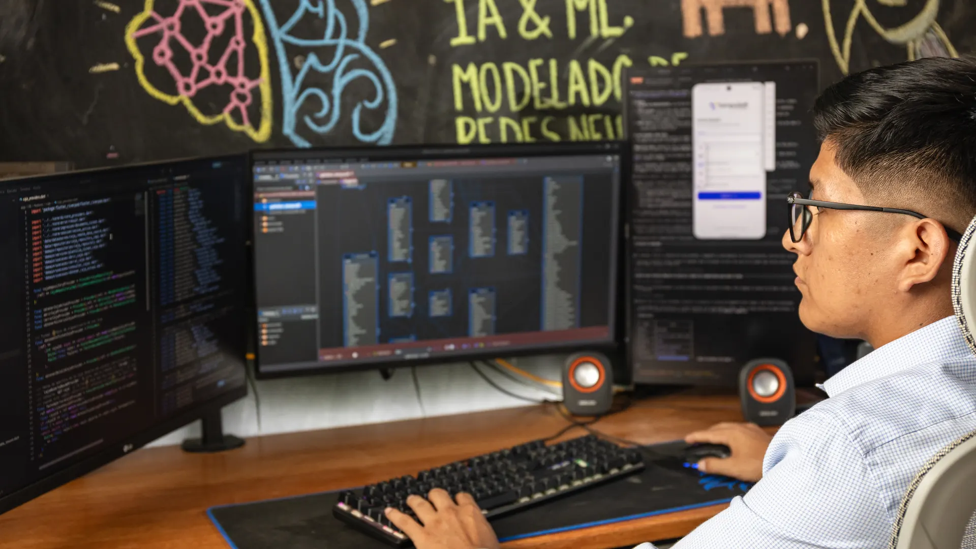 Programador de Gokiebox con lentes trabajando frente a tres monitores