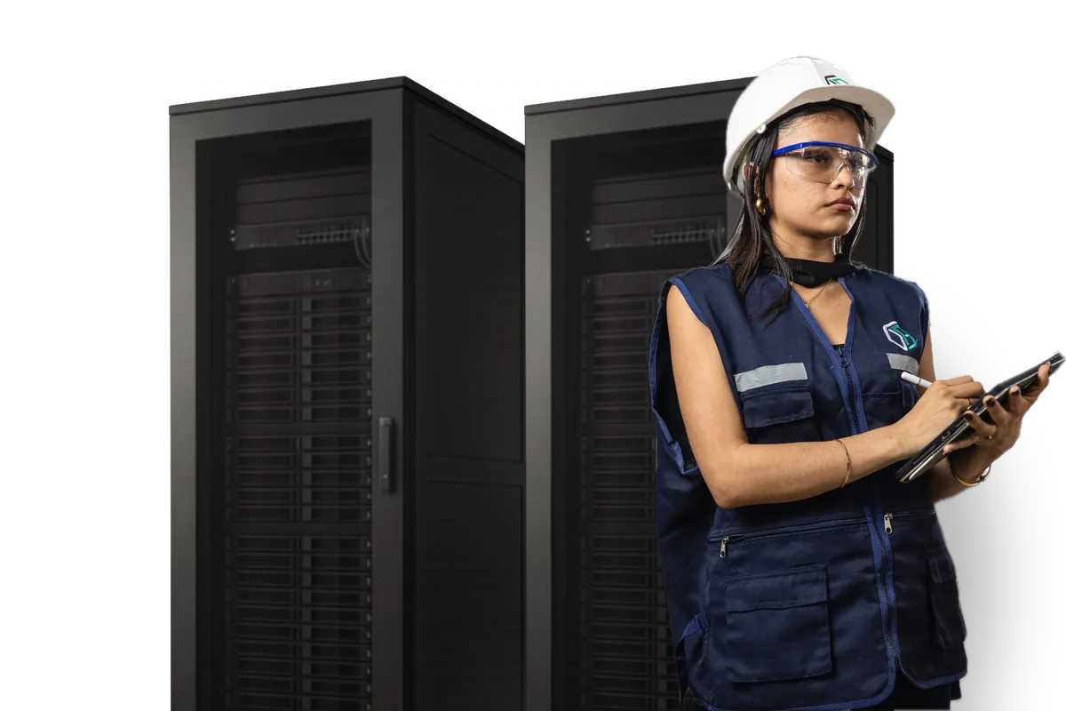 Técnica de Gokiebox con casco y lentes de seguridad frente a racks de servidores