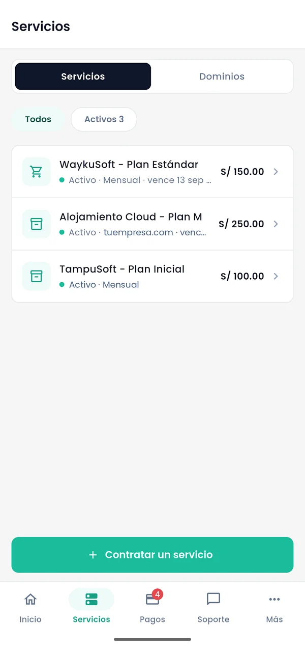 App de Gokiebox: pantalla de servicios contratados