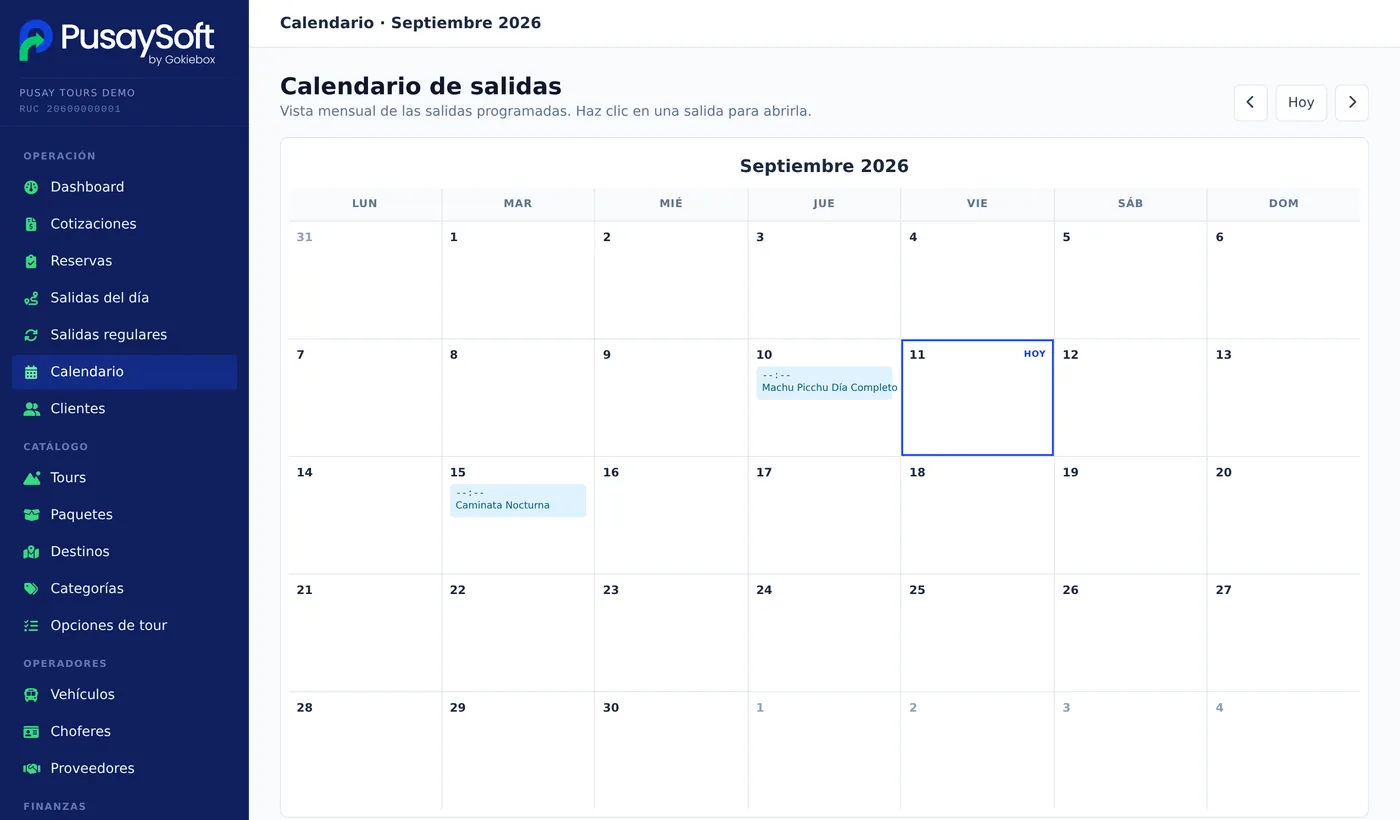 Calendario mensual de salidas en PusaySoft