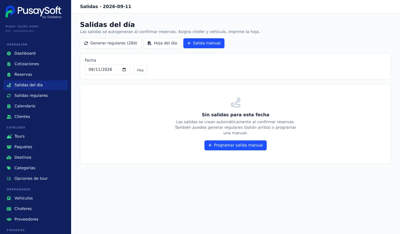 Salidas del día con vehículo y chofer en PusaySoft