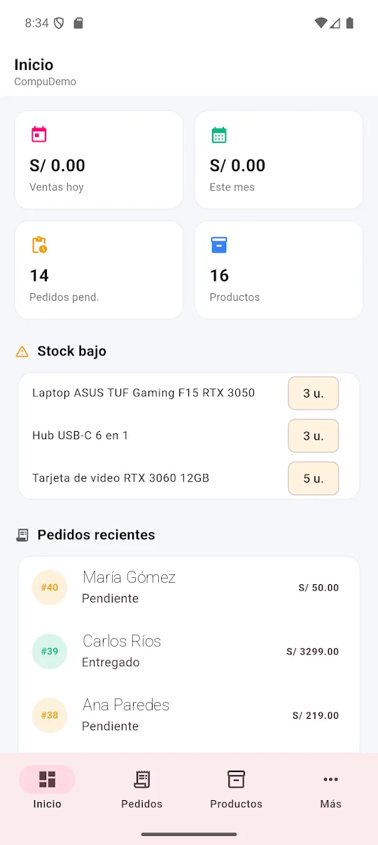 App TiendaYa: ventas del día, stock bajo y pedidos recientes
